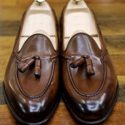 Handmade brown patina finishing tassels loafers moccasin dress shoes men's special shoes - Thumbnail 1