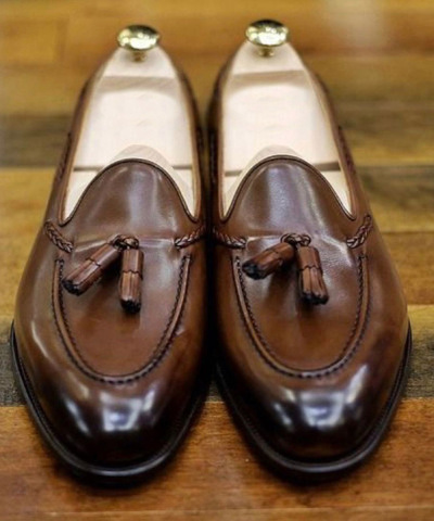Handmade Brown Patina Finishing Tassels Loafers Moccasin Dress Shoes Men's Special Shoes