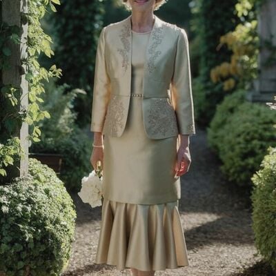 Elegant satin tea-length with jacket mother of bride/groom dress evening formal gowns 