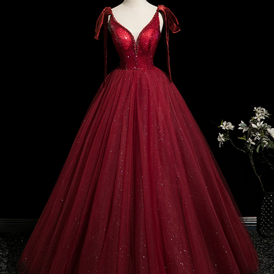  a-line v neck tulle burgundy long prom dress burgundy long quinceanera dress