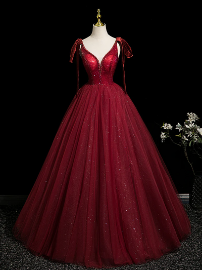  A-line V Neck Tulle Burgundy Long Prom Dress Burgundy Long Quinceanera Dress