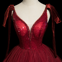  A-line V Neck Tulle Burgundy Long Prom Dress Burgundy Long Quinceanera Dress - Thumbnail 1