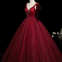  A-line V Neck Tulle Burgundy Long Prom Dress Burgundy Long Quinceanera Dress - Thumbnail 3