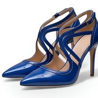 Crafted Leather Classic Women’s High Heel Shoes Blue Leather Pointed Toe Design Elegant Monk Strap Suitable for Luxury Fashion - Thumbnail 1