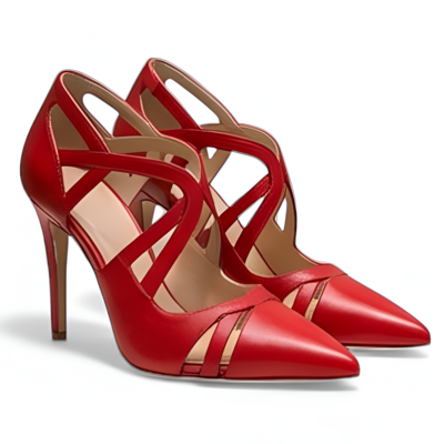 Crafted leather classic women striking red leather high heel dress shoes pointed toe with bold strap  - Thumbnail 2