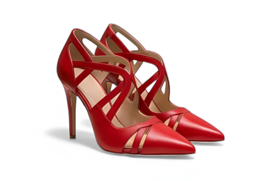 Crafted Leather Classic Women Striking Red Leather High Heel Dress Shoes Pointed Toe with Bold Strap 