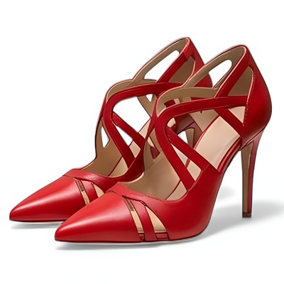 Crafted leather classic women striking red leather high heel dress shoes pointed toe with bold strap 