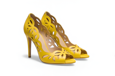 Crafted Leather Classic Women Yellow Leather High Heel Dress Shoes Open Toe with Elegant Cut Out Design