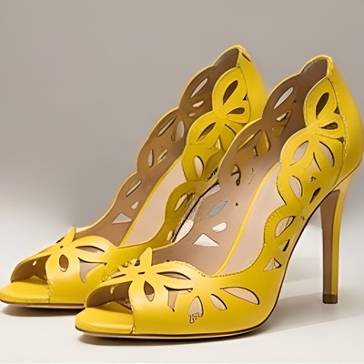 Crafted leather classic women yellow leather high heel dress shoes open toe with elegant cut out design