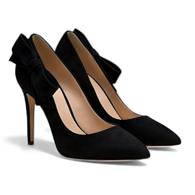 Crafted leather classic black suede elegant bow shoes women closed toe evening wear  - Thumbnail 2