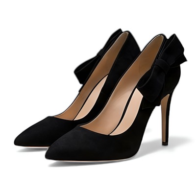 Crafted leather classic black suede elegant bow shoes women closed toe evening wear 