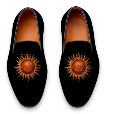 Crafted leather sun embroidery loafers shoes black 