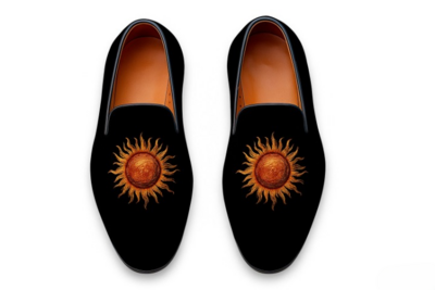 Crafted Leather SUN Embroidery Loafers Shoes Black 