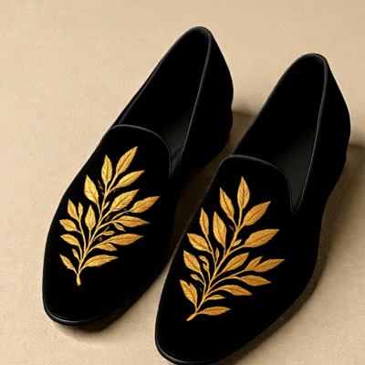 Crafted leather velvet god leave embroidery loafers shoes black