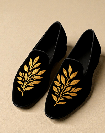 Crafted Leather Velvet GOD LEAVE EMBROIDERY Loafers Shoes Black