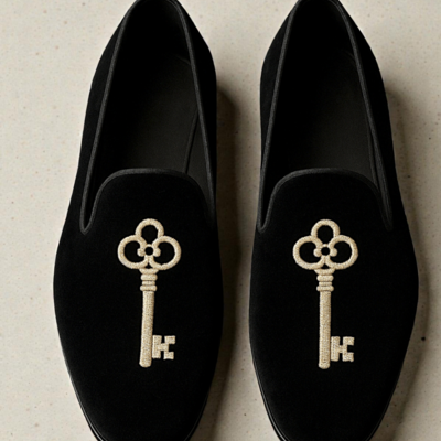 Crafted leather velvet luxury key embroidery moccasin loafers shoes black - Thumbnail 2