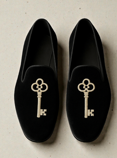 Crafted Leather Velvet Luxury KEY Embroidery Moccasin Loafers Shoes Black