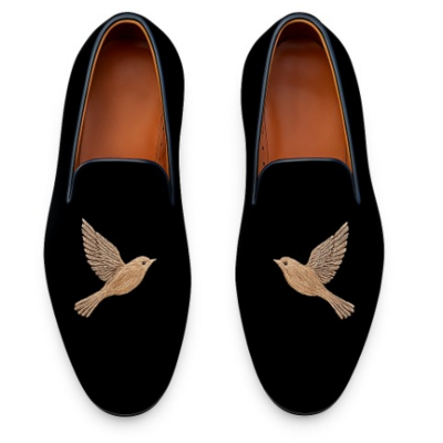 Crafted leather velvet bird embroidery loafers shoes black - Thumbnail 3