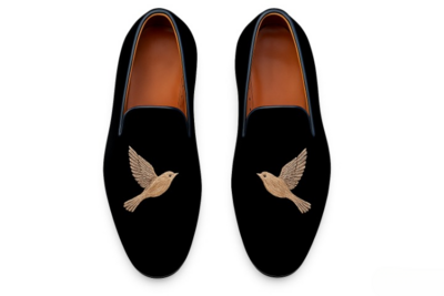 Crafted Leather Velvet BIRD Embroidery Loafers Shoes Black