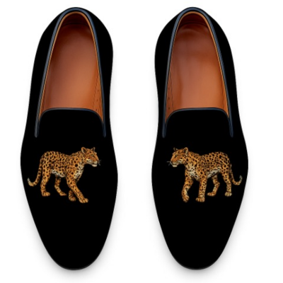 Crafted leather velvet luxury leopard embroidery loafers shoes black