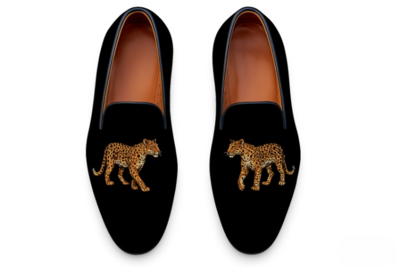 Crafted Leather Velvet Luxury LEOPARD Embroidery Loafers Shoes Black