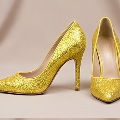 Crafted leather classic women yellow glitter high fashion shiny sparkling modern style dress shoes - Thumbnail 1