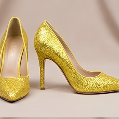 Crafted leather classic women yellow glitter high fashion shiny sparkling modern style dress shoes