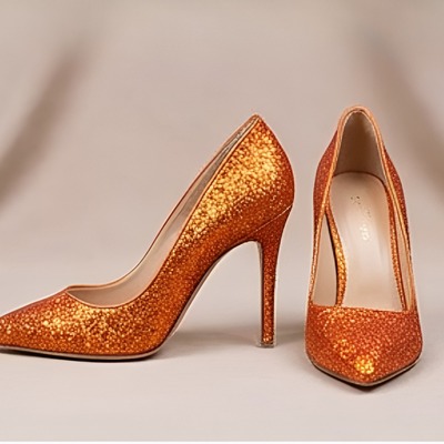 Crafted leather classic women orange glitter high fashion shiny sparkling modern style dress shoes