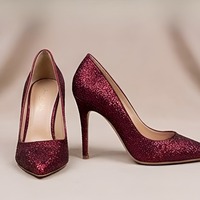 Crafted Leather Classic Women Burgundy Glitter High Fashion Shiny Sparkling Modern Style Dress Shoes - Thumbnail 1