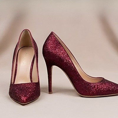 Crafted leather classic women burgundy glitter high fashion shiny sparkling modern style dress shoes