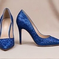 Crafted Leather Classic Women Blue Glitter High Fashion Shiny Sparkling Modern Style Dress Shoes - Thumbnail 1