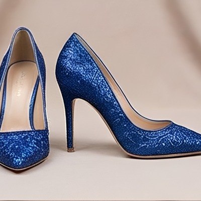 Crafted leather classic women blue glitter high fashion shiny sparkling modern style dress shoes