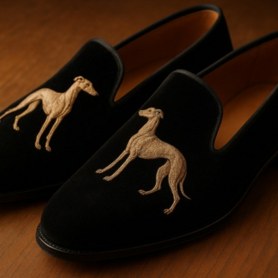 Crafted leather greyhound embroidery loafers shoes black 