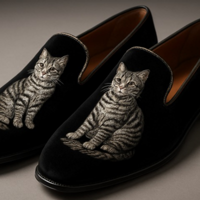 Crafted leather tabby cat silver embroidery loafers shoes black 