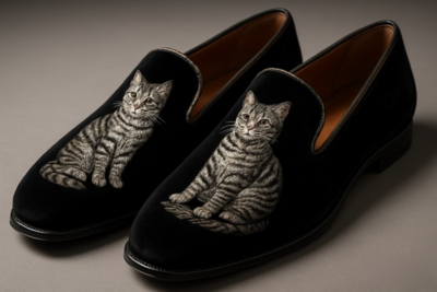Crafted Leather Tabby Cat Silver Embroidery Loafers Shoes Black 