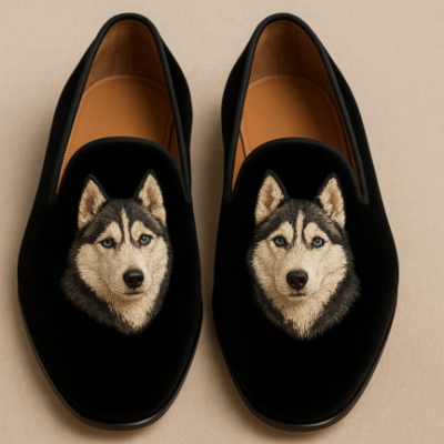 Crafted leather velvet husky embroidery loafers shoes black