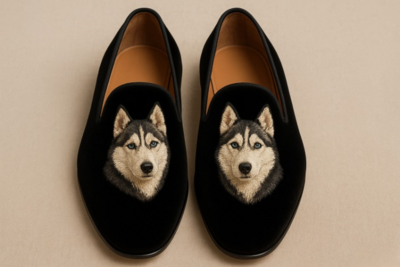 Crafted Leather Velvet Husky Embroidery Loafers Shoes Black