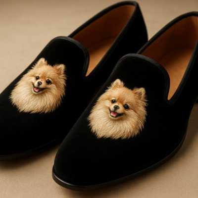 Crafted leather pomeranian embroidery loafers shoes black 