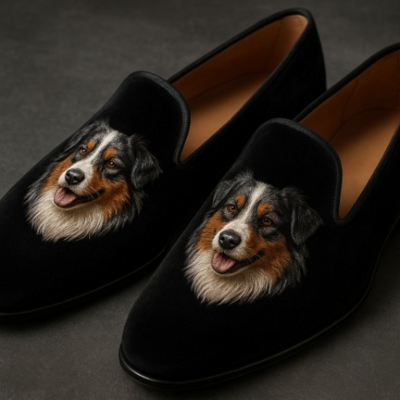Crafted leather australian shepard embroidery loafers shoes black 