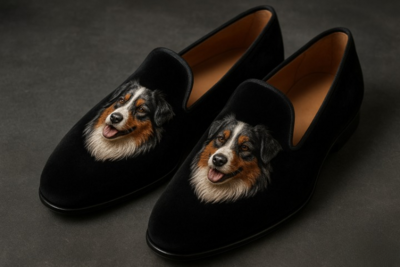 Crafted Leather Australian Shepard Embroidery Loafers Shoes Black 