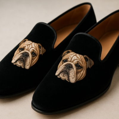 Crafted leather bulldog embroidery loafers shoes black 