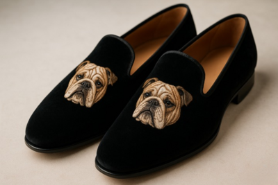 Crafted Leather Bulldog Embroidery Loafers Shoes Black 