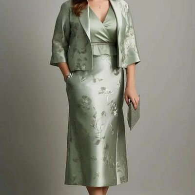 Plus size sheath tea-length satin with jacket mother of bride/groom dress evening formal gowns 