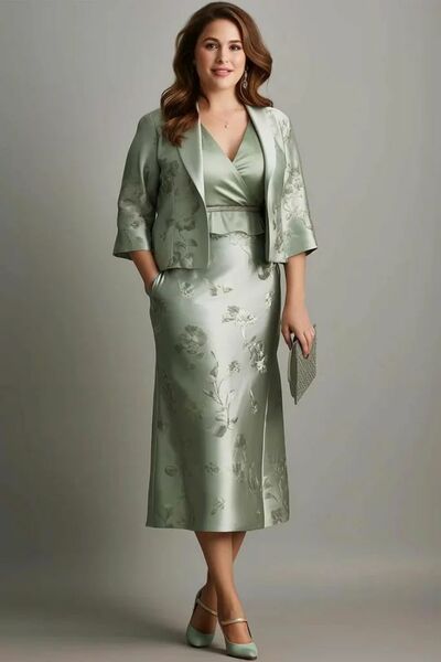 Plus Size Sheath Tea-length Satin with Jacket Mother of Bride/Groom Dress Evening Formal Gowns 