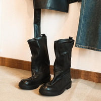 Women's Leather Retro Western cowboy boots wide-knee mid-calf style - Thumbnail 4