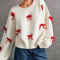 Red Bowknot White Pullover Knit Sweater - Thumbnail 1