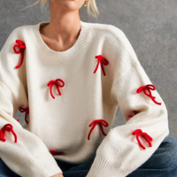 Red Bowknot White Pullover Knit Sweater - Thumbnail 2