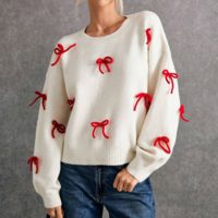 Red Bowknot White Pullover Knit Sweater - Thumbnail 3