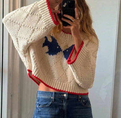 Crew Neck Graphic Fish Oversized Pullover Knit Sweater