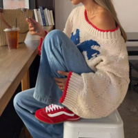 Crew Neck Graphic Fish Oversized Pullover Knit Sweater - Thumbnail 1